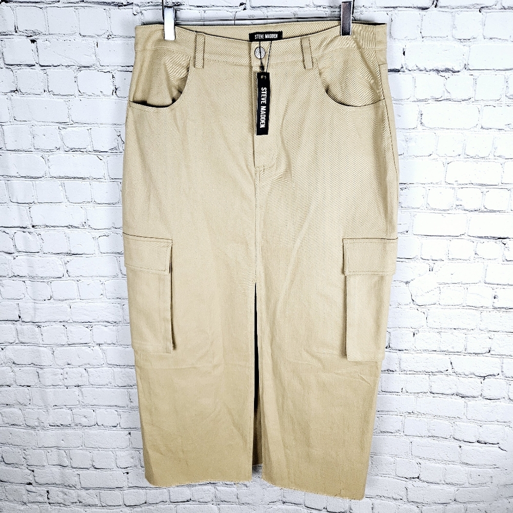 STEVE MADDEN | Benson cargo stretch Y2K raw edge hem deep front slit skirt